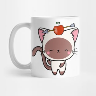 Funny White cat is playing william tell with an apple and arrow Mug